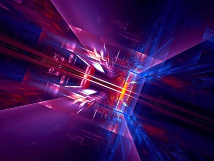 Abstract blue and purple computer-generated 3d illustration. Neon glowing walls of hall or portal.