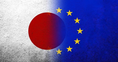 Flag of the European Union with National flag of Japan. Grunge background