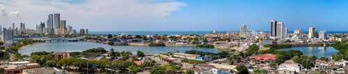 Panorama of old and new city Cartagena with sea on a sunny day from Castle San Felipe de Barajas,
