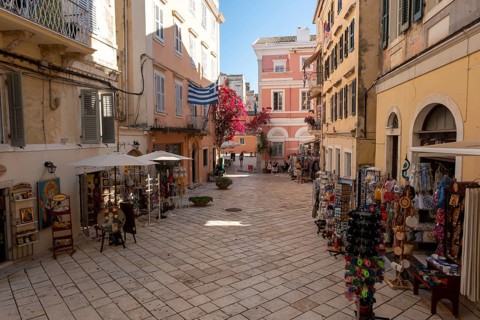 A street scene in Corfu Town on the Greek island of Corfu in the Ionian Sea, known for its