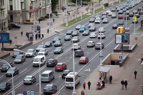 September 25, 2019. Belarus, Minsk. The stream of cars drives along the city street