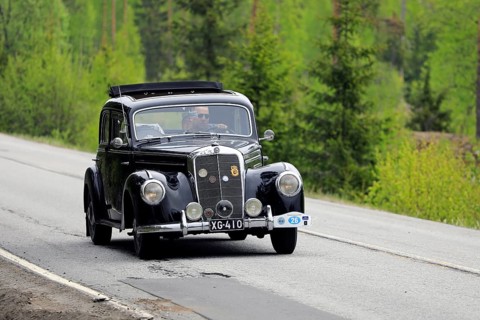 Classic Mercedes-Benz 220 year 1952 on Ascension Day vintage car rally by AHS ry, road 104,