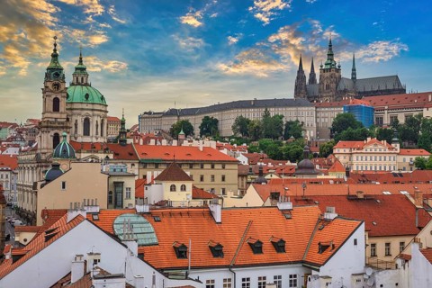 Prague Czech Republic, high angle view sunset city skyline at Prague old town and Castle, Czechia