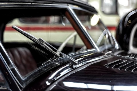 Details of a classic car in a museum