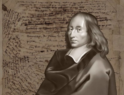 Portrait of Blaise Pascal with his handwritten manuscript, Pensées de Pascal, thoughts on religion,