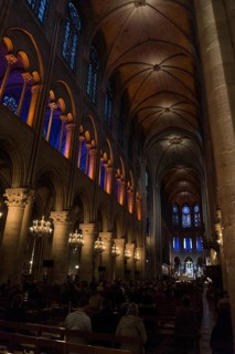 PARIS, FRANCE, MAY 25, 2018, Artistic light installation inside the Notre Dame Cathedral in Paris