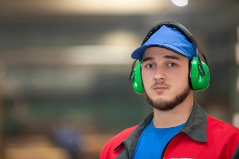 Belarus, Gomil. Wood processing plant. April 25, 2022.Close-up of a male worker wearing soundproof
