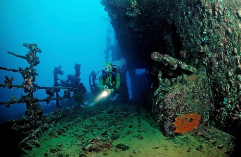 Diver on the Umbria shipwreck, Sudan, Africa, Red Sea, Wingate Reef, Africa