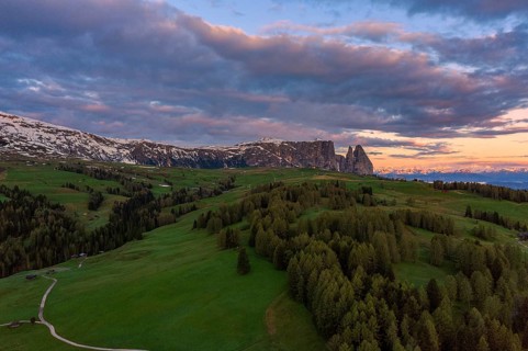 Panoramic view from the Seiser Alm to the Dolomites in Italy, drone shot