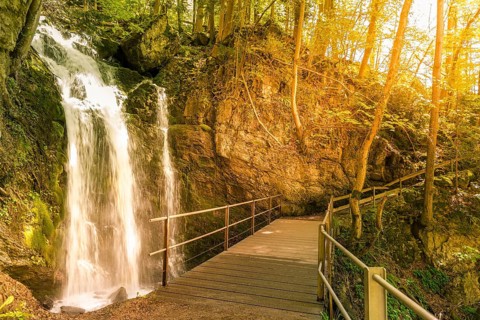 Idyllic scenery of a small waterfall and a bridge that crosses it, in the forests of the Swiss Alps