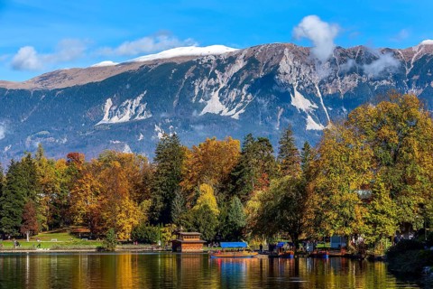 Bled, Slovenia panoramic sunset view of Lake and autumn colorful trees background in julian alps