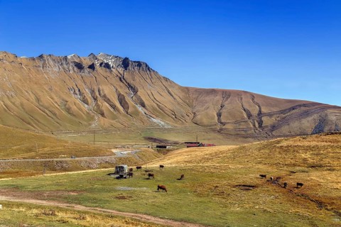 Mountain landscape from Georgia-Russia Friendship Monument near Gudaur, Georgia, Asia