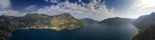 Aerial panorama view of Kotor bay (Boka Kotorska) and mountains in Montenegro