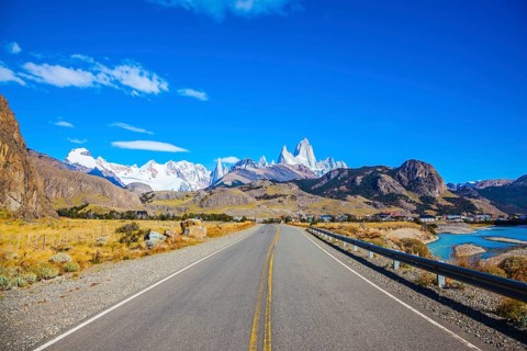 Argentine Patagonia. Excellent asphalt road to the majestic Mount Fitz Roy. Sunny day in February