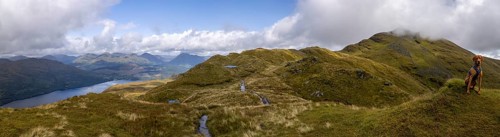 Panorama on the summit path to Ben Lomond with mountain lake and male Magyar Vizsla, Loch Lomond