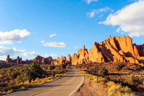 Asphalt road in the park. Arches Park in Utah, USA. Picturesque red-brown sandstone cliffs form a