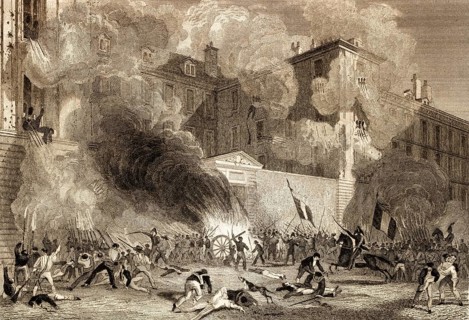 Attack to caserne Babylone of the Swiss Guards, rue de Babylone, Paris, antique steel engraved