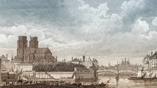 Panorama of Paris with Notre-Dame de Paris, antique steel engraved print, 1831