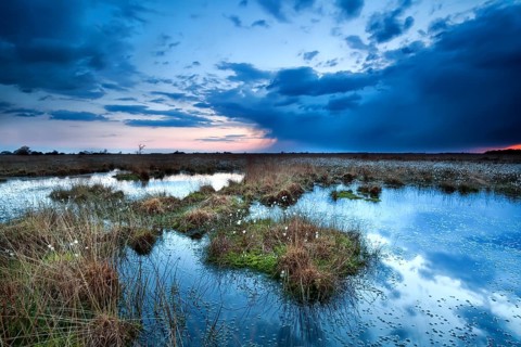 Dark storm clouds over lake at sunset, Fochteloerveen
