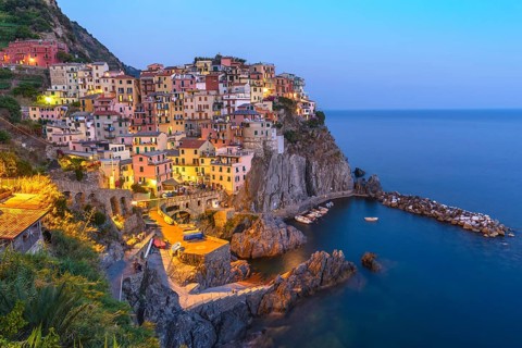 Manarola village at night, Cinque Terre, Italy, Europe