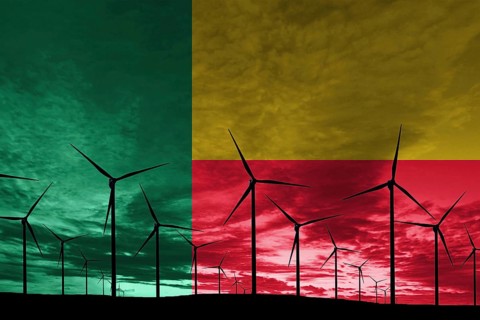 Benin flag wind farm at sunset, sustainable development, renewable energy Wind Turbines