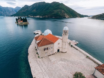 The island of Gospa od Skrpjela, Kotor Bay, Montenegro. Aerial survey of drones, Montenegro, Europe