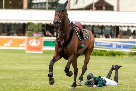 Abdulrahman Alrajhi of Saudi Arabia loses his mount, Ventago, during the 1.60m RBC Grand Prix of