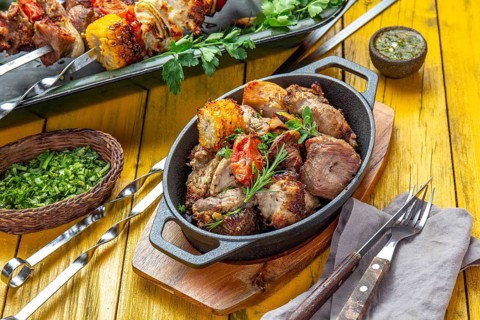 Food, Food, Bbq grilled meat, pork, chicken and vegetable on cast iron pan. Grilled skewers on