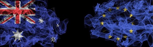 Flags of Australia and the EU on a black background, Australia vs. Europe Union Smoke Flags