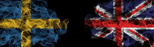 Flags of Sweden and United Kingdom on Black background, Sweden vs United Kingdom Smoke Flags