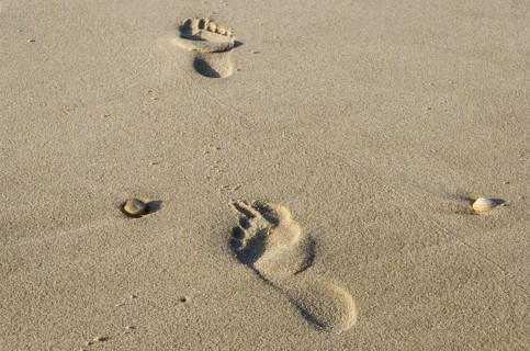 Footsteps in the sand at the beach