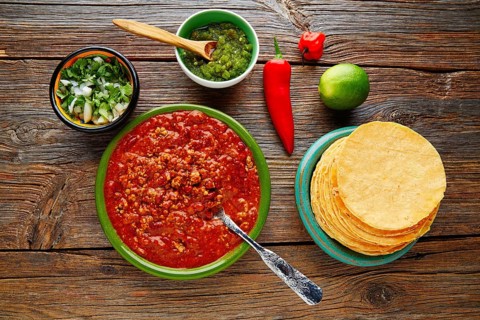 Chili with meat platillo Mexican food with sauces