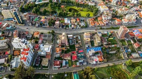 La Paz, Bolivia, aerial view flying over the dense, urban cityscape. San Miguel, southern distric.