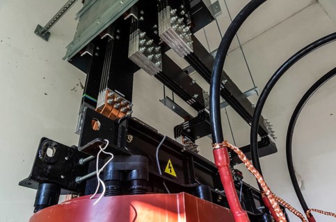 Closeup view on transformer on the site
