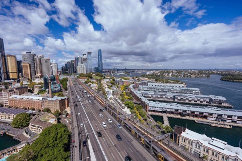 SYDNEY, AUSTRALIA, MARCH 4 2023: The Sydney CBD and surrounding harbour, including Circular Quay