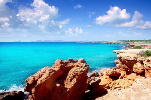 Cala Saona Formentera Ibiza view in background Balearic Islands