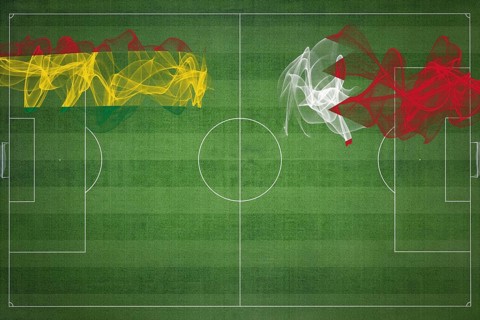 Bolivia vs Bahrain Soccer Match, national colors, national flags, soccer field, football game,