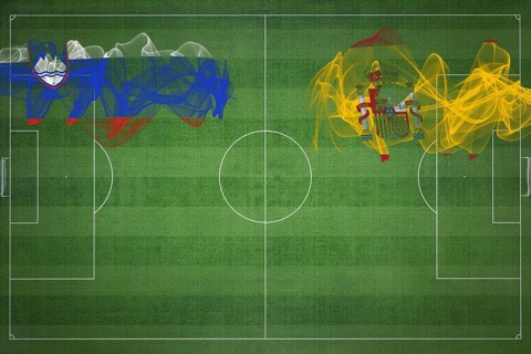 Slovenia vs Spain Soccer Match, national colors, national flags, soccer field, football game,