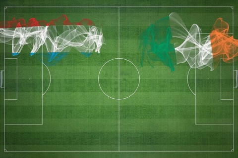 Luxembourg vs Ireland Soccer Match, national colors, national flags, soccer field, football game,