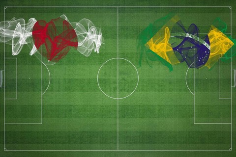 Japan vs Brazil Soccer Match, national colors, national flags, soccer field, football game,