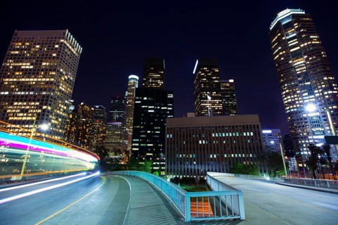 Downtown LA night Los Angeles sunset skyline California from 110 freeway