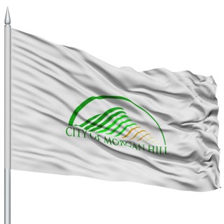 Morgan Hill City Flag on Flagpole, California State, Flying in the Wind, Isolated on White