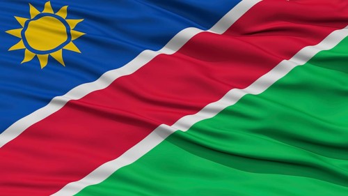 Closeup Namibia Flag, Waving in the Wind, High Resolution