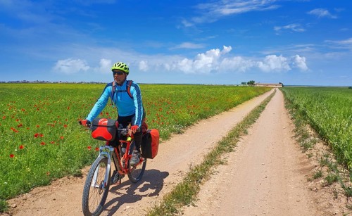 Biker by Camino de Santiago in bicycle at Saint James Way of Levante of Spain