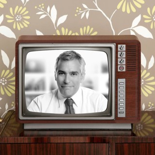 Senior tv presenter in retro wood television vintage wallpaper