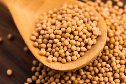 Spicy mustard seeds in a wooden background
