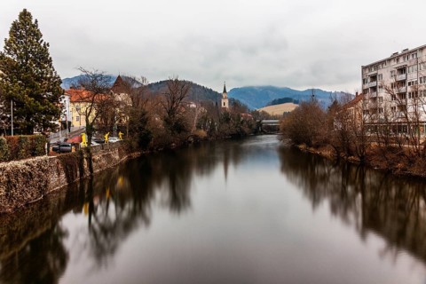 View of the river Mur, long exposure, Leoben, Styria, Austria, Europe