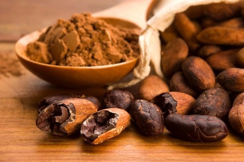 Cocoa (cacao) beans on natural wooden table, lodz, poland