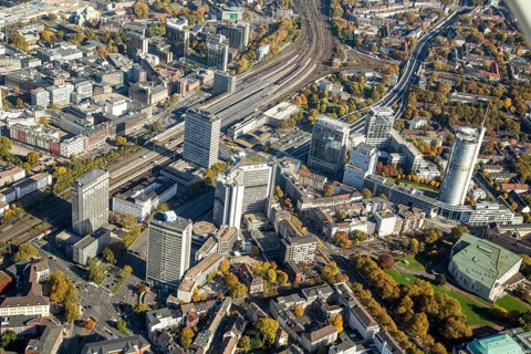 Essen city centre with REW company headquarters. RWE Tower. Alto Theatre
