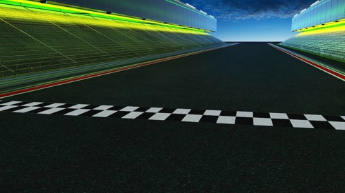 View of the infinity empty asphalt international race track with start and finish line, evening
